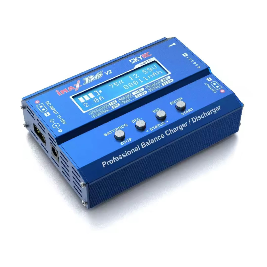 SKYRC iMAX B6 V2 60W 6A smart balance charger with XT60 output, LCD display and DC/DC converter for LiPo, LiHV and other batteries.